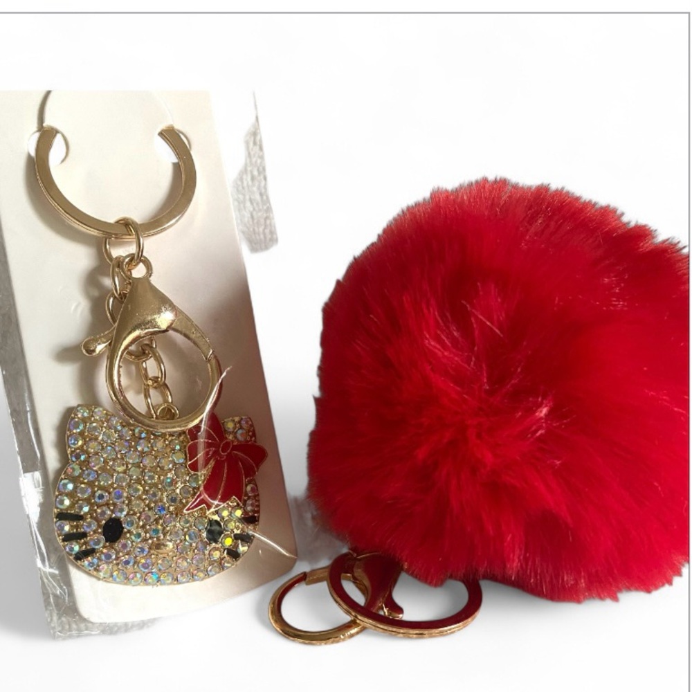 🐭 SALE! Hello Kitty 2pc Red Pom Pom Keychain bag charm with Rhinestone kitty